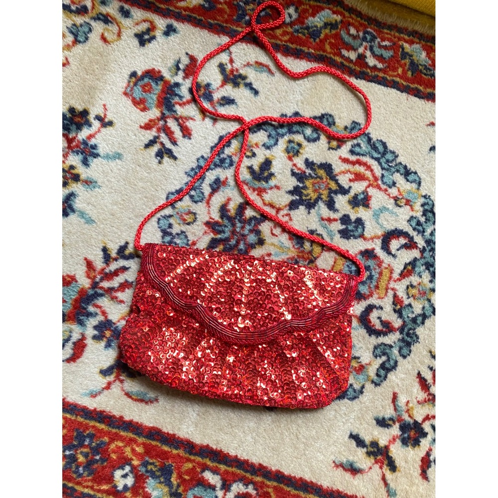 Vintage Red Sequin Crossbody Evening Bag Scalloped Beaded Formal Clutch Handbag